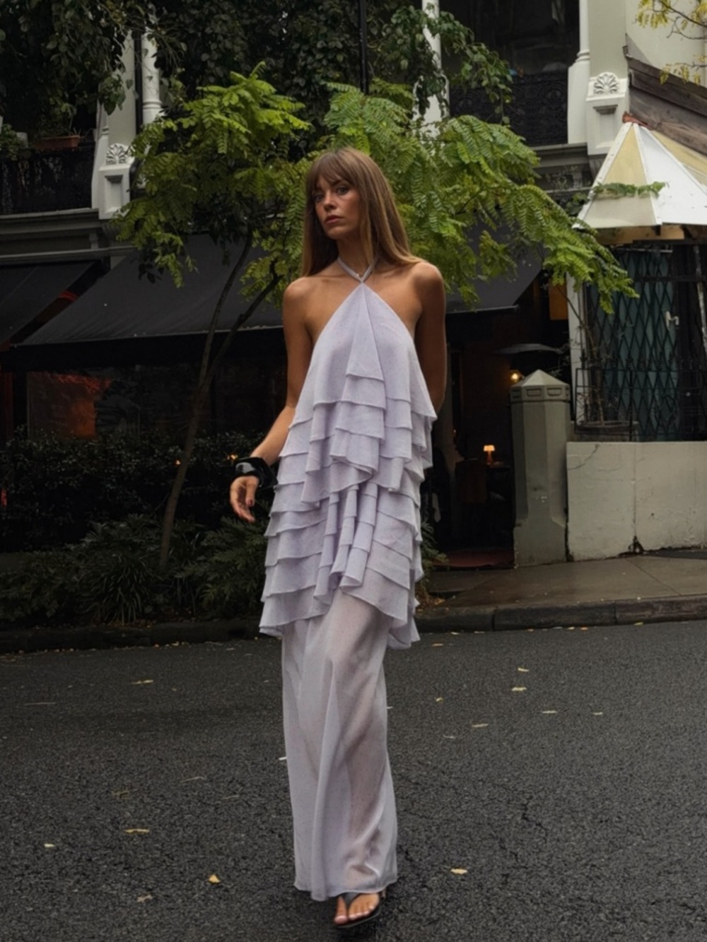 Third Form Gaia Tiered Ruffle Maxi Halter Dress Lavender Spot